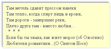 Подпись: Там метель сдавит прессом навеки 
Там тепло, когда спирт лишь в крови, 
Там дороги - замерзшие реки, 
Плечо друга там - вместо любви...
 * * *
Если бы ты знала, как жжет мороз (об Ожогино)
Любители романтики...(О Святом Носе)
 
